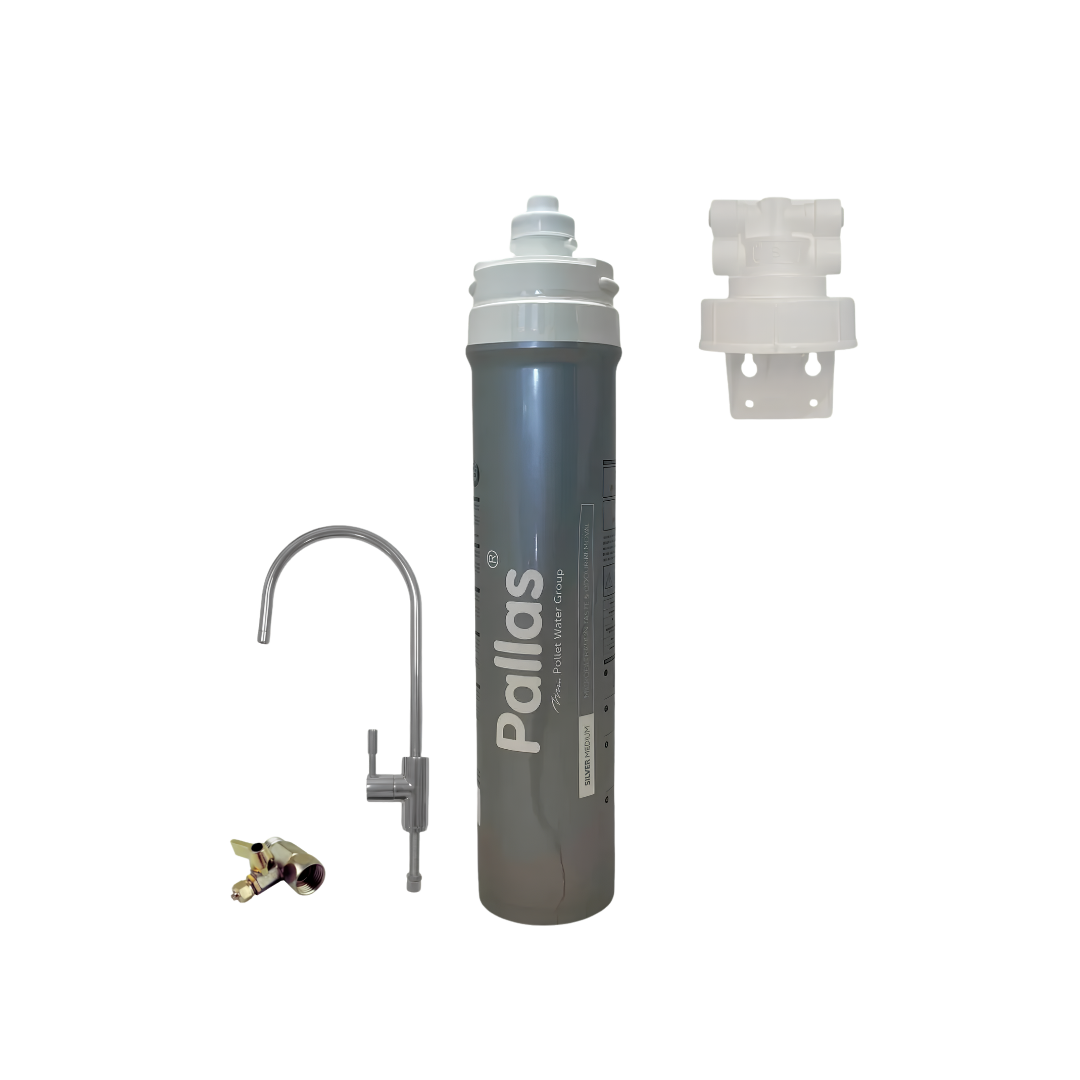 Men's hands replace a dirty water filter cartridge with a new clean one under the sink, perform home plumbing maintenance on the cleaning system.